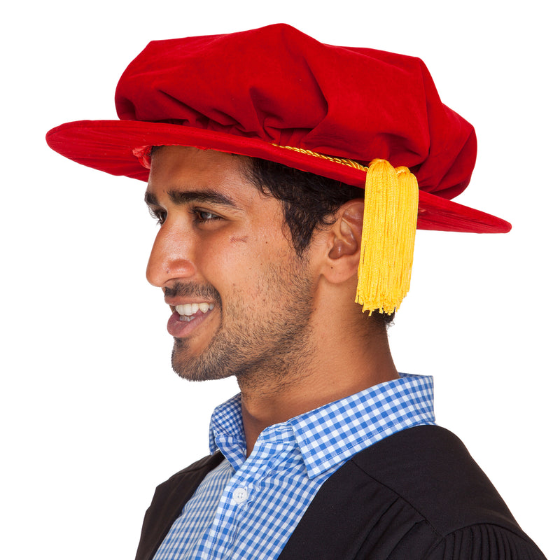 Red velvet PhD graduation bonnet (PhD hat)