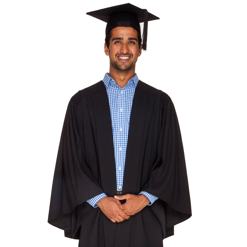 Black graduation gown and trencher cap / mortarboard