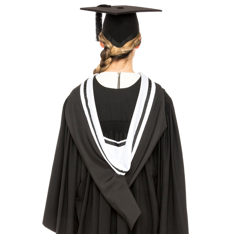 Woman wearing University of Melbourne graduation colours 