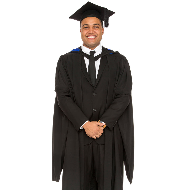 Man wearing a University of Queensland masters graduation gown and graduation hat