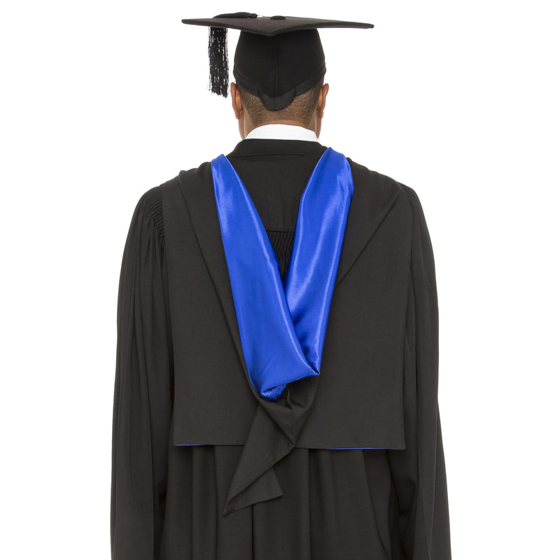 EQUALS black graduation hood with blue satin