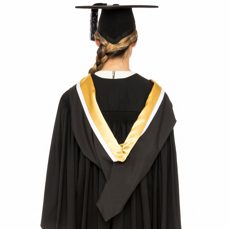 Woman wearing a University of Melbourne graduation hood