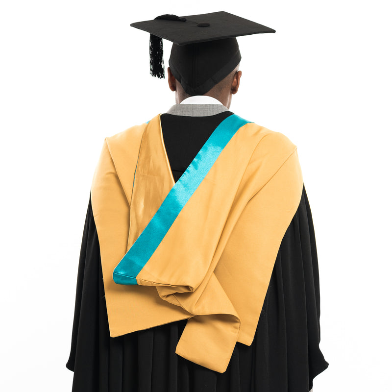 Man wearing a Macquarie university graduation hood and graduation hat