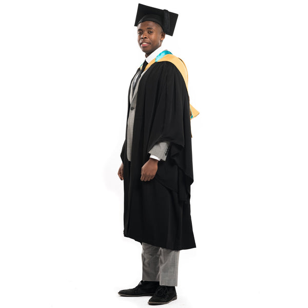 Macquarie University bachelor graduation gown, mortarboard and hood