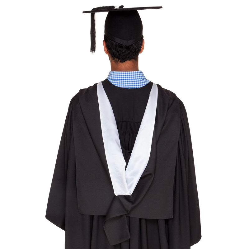 Photo from behind of a man wearing a white university of Melbourne graduation gown