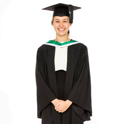 Woman wearing a University of Melbourne bachelor graduation gown and graduation hood