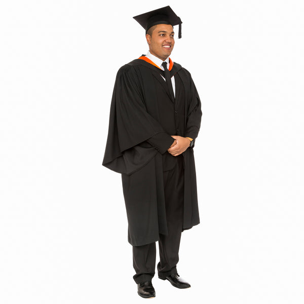 Man wearing a University of Tasmania bachelor of commerce graduation gown, academic hood and graduation hat