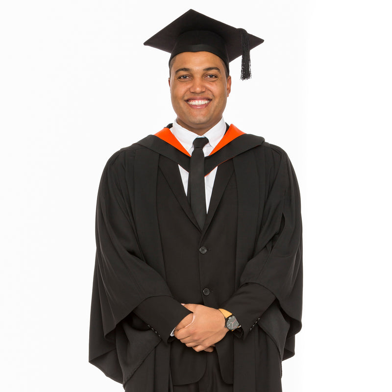 Man wearing UTAS graduation set with graduation gown, mortarboard and academic hood